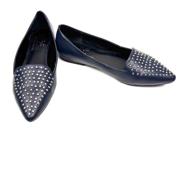 19V69 ITALIA by Alessandro Versace 'Gemma' Navy Flats Shoes Silver Tone Studs 8M