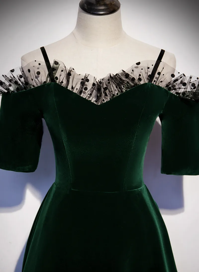 A-line Green Velvet Spaghetti Straps Prom Dress, Green Wedding Party Dress