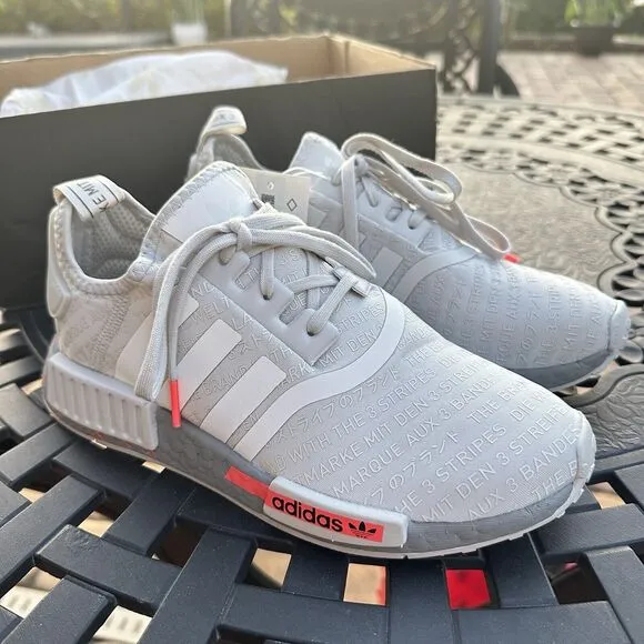 Adidas NMD_R1 J All Over Print Light Grey Signal Pink Kid's Shoes FV1697 Size 6