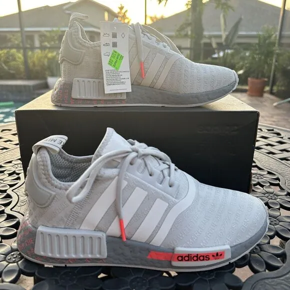 Adidas NMD_R1 J All Over Print Light Grey Signal Pink Kid's Shoes FV1697 Size 6