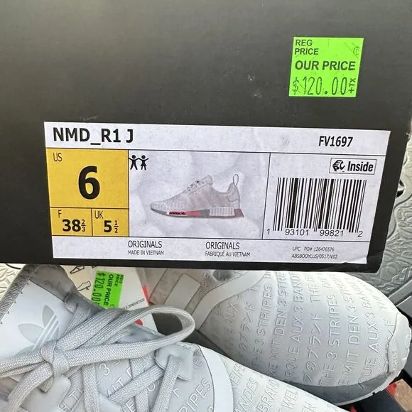 Adidas NMD_R1 J All Over Print Light Grey Signal Pink Kid's Shoes FV1697 Size 6