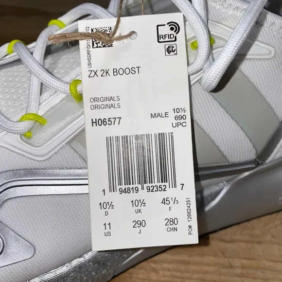 adidas Originals ZX 2K Boost White Grey Yellow Casual Running Shoes H06577 Sz 11