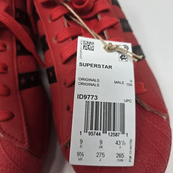 Adidas Superstar Scarlet Core Black Men’s 9.5 Shelltoe Sneakers ID9773 Red Sole.