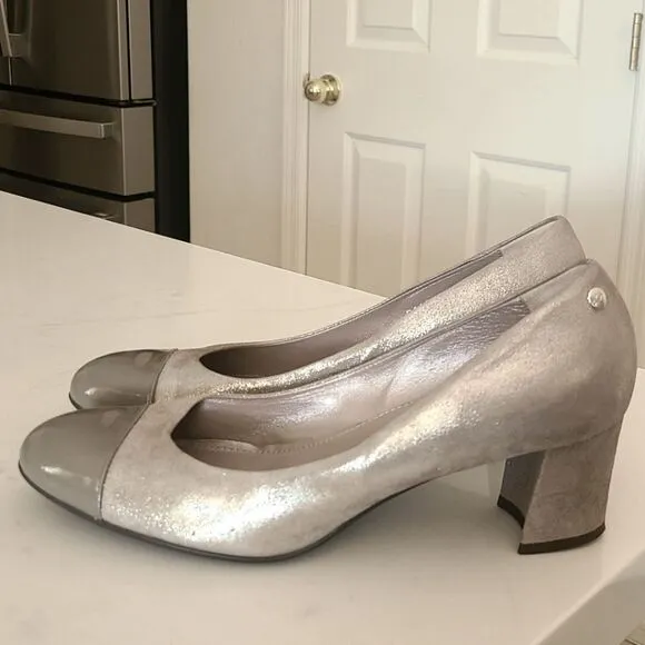 AGL Metallic Patent Leather Cap Toe Block Heel Shoes Pumps Size 41.5 | 11.5