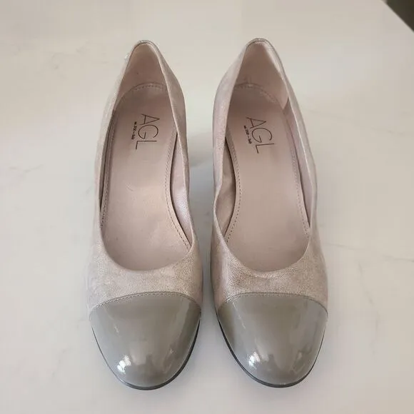 AGL Metallic Patent Leather Cap Toe Block Heel Shoes Pumps Size 41.5 | 11.5