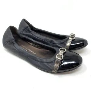 AGL Women's Size 37.5 US 7.5 Patent Cap Ballet Flats Black Round Toe Leather