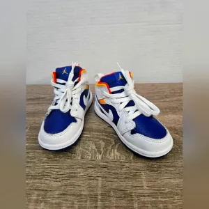 Air Jordan 1 Mid, 7c, White/Laser Orange/ Deep/Royal Blue