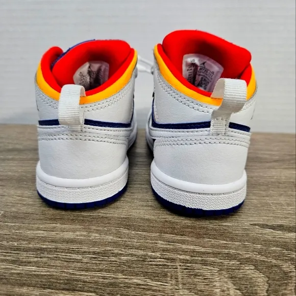 Air Jordan 1 Mid, 7c, White/Laser Orange/ Deep/Royal Blue