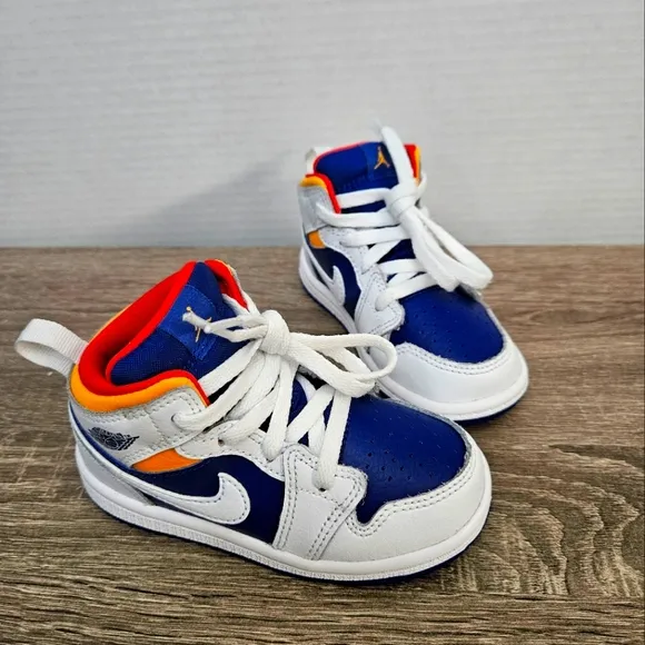 Air Jordan 1 Mid, 7c, White/Laser Orange/ Deep/Royal Blue