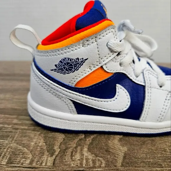Air Jordan 1 Mid, 7c, White/Laser Orange/ Deep/Royal Blue