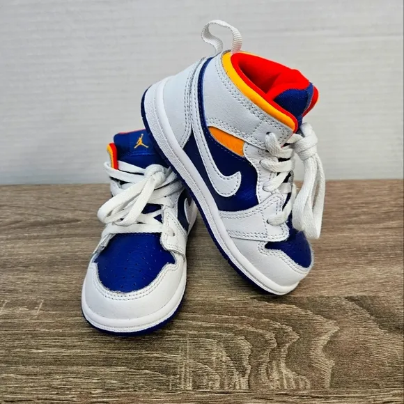 Air Jordan 1 Mid, 7c, White/Laser Orange/ Deep/Royal Blue