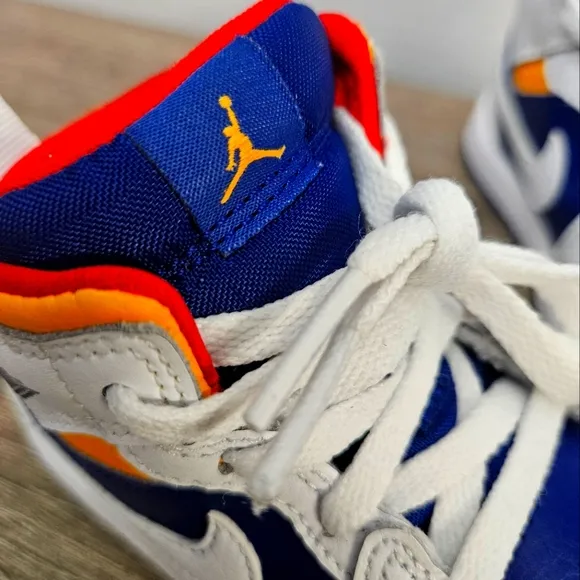Air Jordan 1 Mid, 7c, White/Laser Orange/ Deep/Royal Blue