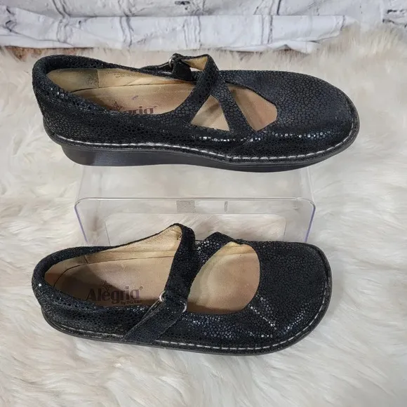 Alegria Dayna Dottie Mary Jane Black Shimmer Leather Platform Wedge Shoes Womens