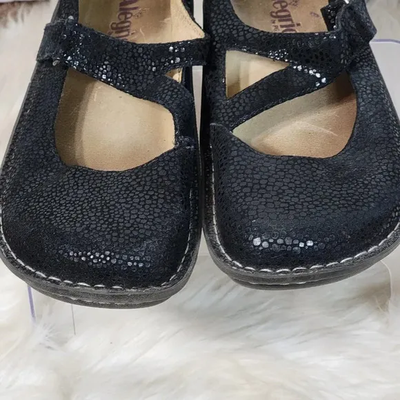 Alegria Dayna Dottie Mary Jane Black Shimmer Leather Platform Wedge Shoes Womens