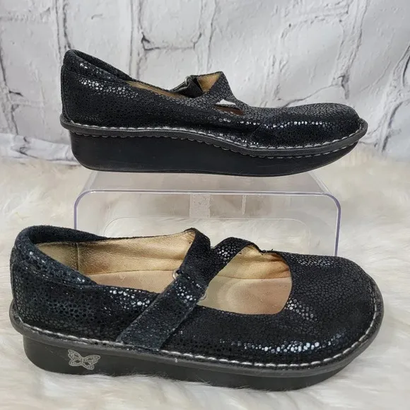 Alegria Dayna Dottie Mary Jane Black Shimmer Leather Platform Wedge Shoes Womens