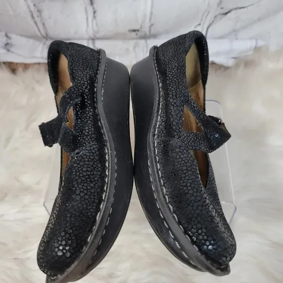 Alegria Dayna Dottie Mary Jane Black Shimmer Leather Platform Wedge Shoes Womens
