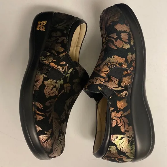 Alegria PG Lite Black Suede Floral Pattern Leather Slip On Shoes Size 39