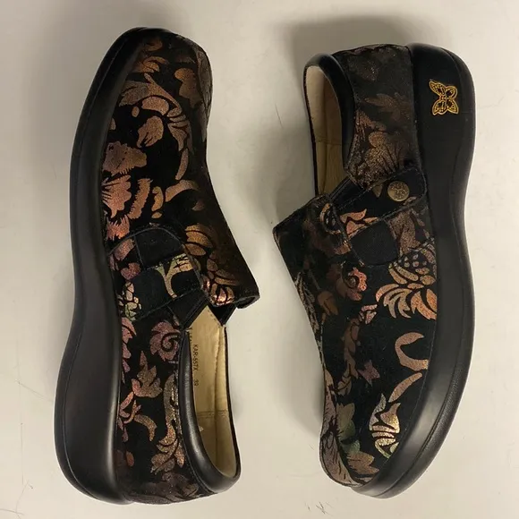 Alegria PG Lite Black Suede Floral Pattern Leather Slip On Shoes Size 39
