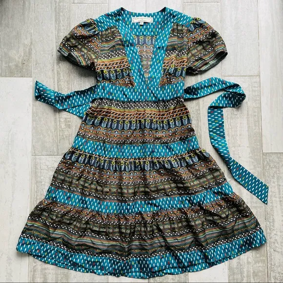 Anthropologie Geometric Pattern 100% Silk Plunging Neck Dress