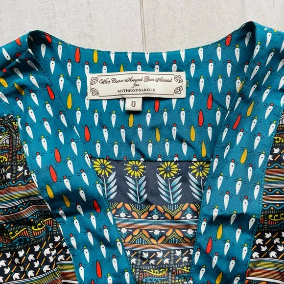 Anthropologie Geometric Pattern 100% Silk Plunging Neck Dress