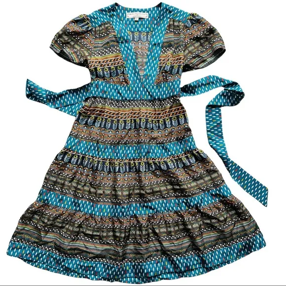 Anthropologie Geometric Pattern 100% Silk Plunging Neck Dress