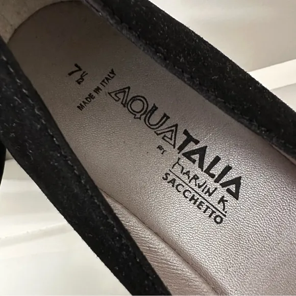 Aquatalia Maureen Black Leather Suede White Patent Low Wedge Shoes Women’s 7.5