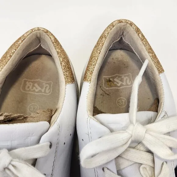 ASH Next White Leather Sneakers Casual Shoes Women Size 37 US Star Gold Glitter