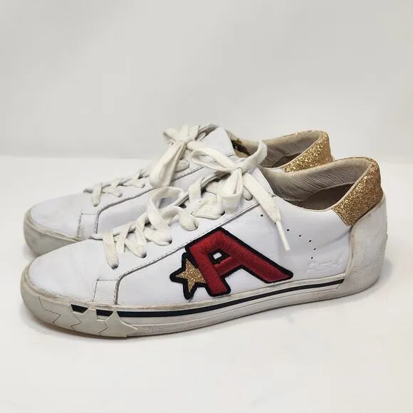ASH Next White Leather Sneakers Casual Shoes Women Size 37 US Star Gold Glitter