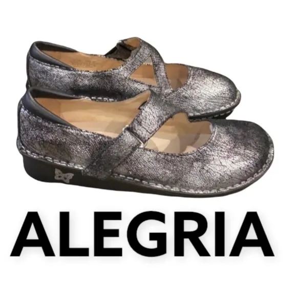 Authentic Alegria black and silver metallic leather shoes Sz 7