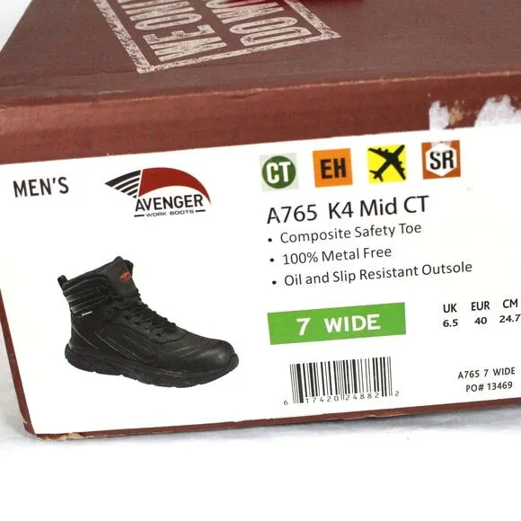 Avenger Boots Men's A765 Black Aluminum Toe K4 EH 6&quot; Work Boot Size 7 Wide NIB