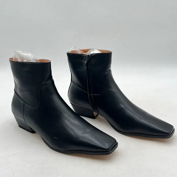 Black Women's Square Toe Low Chunky Heel Ankle Booties Chic Zip Up Short Boot