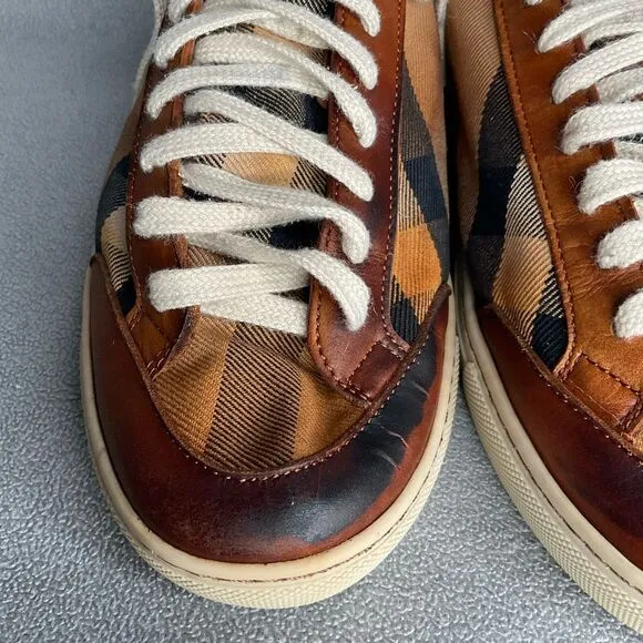Burberry Beige Leather Nova Check Canvas Low Top Sneakers Women’s Size 39 AS IS
