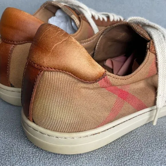 Burberry Beige Leather Nova Check Canvas Low Top Sneakers Women’s Size 39 AS IS