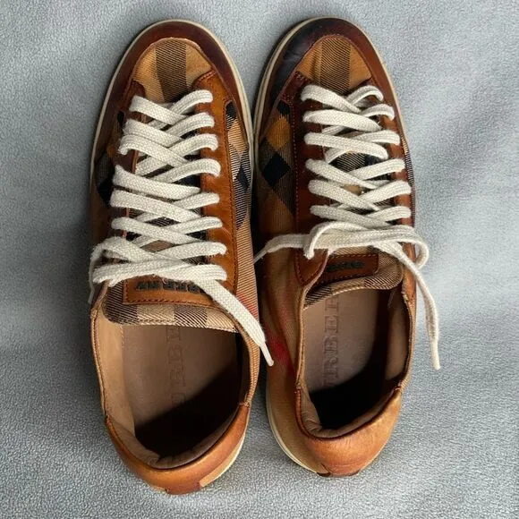 Burberry Beige Leather Nova Check Canvas Low Top Sneakers Women’s Size 39 AS IS