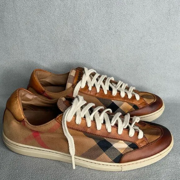 Burberry Beige Leather Nova Check Canvas Low Top Sneakers Women’s Size 39 AS IS