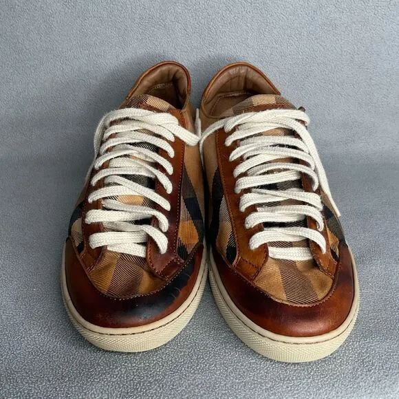 Burberry Beige Leather Nova Check Canvas Low Top Sneakers Women’s Size 39 AS IS