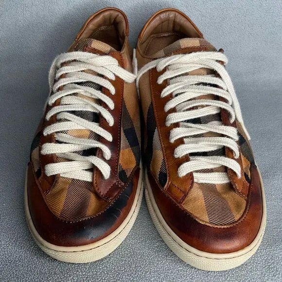 Burberry Beige Leather Nova Check Canvas Low Top Sneakers Women’s Size 39 AS IS