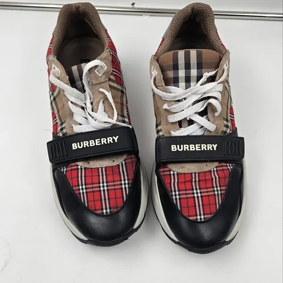 BURBERRY RAMSEY RED BEIGE CHECK CANVAS SUEDE LOGO STRAP SNEAKERS 46 US 13  ITALY