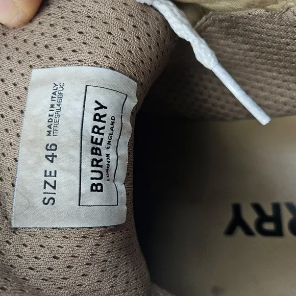 BURBERRY RAMSEY RED BEIGE CHECK CANVAS SUEDE LOGO STRAP SNEAKERS 46 US 13  ITALY