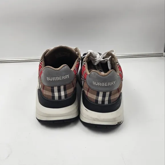 BURBERRY RAMSEY RED BEIGE CHECK CANVAS SUEDE LOGO STRAP SNEAKERS 46 US 13  ITALY