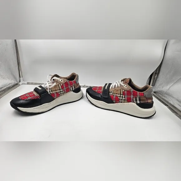 BURBERRY RAMSEY RED BEIGE CHECK CANVAS SUEDE LOGO STRAP SNEAKERS 46 US 13  ITALY