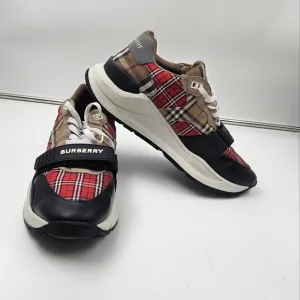 BURBERRY RAMSEY RED BEIGE CHECK CANVAS SUEDE LOGO STRAP SNEAKERS 46 US 13  ITALY