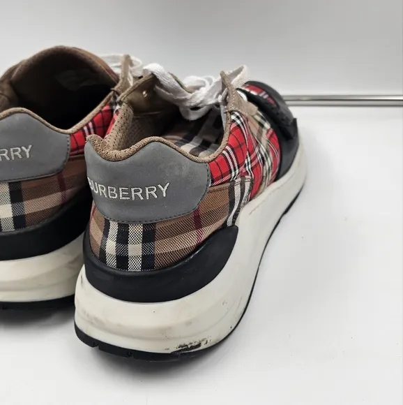 BURBERRY RAMSEY RED BEIGE CHECK CANVAS SUEDE LOGO STRAP SNEAKERS 46 US 13  ITALY