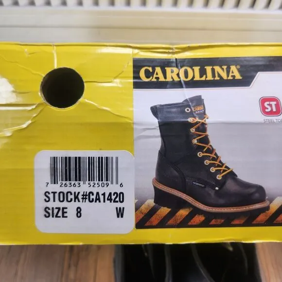 Carolina CA1420 8&quot; Waterproof Steel Toe Logger Womens Sz 8 Wide Black Work Boots