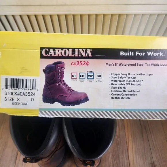 Carolina CA3524 Surveyor 8&quot; Waterproof Steel Toe Work Boots Mens Size 8 D Brown