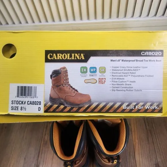 Carolina CA8020 Bruno Hi 8&quot; Waterproof Broad Soft Toe Work Boots Mens Size 8.5 D