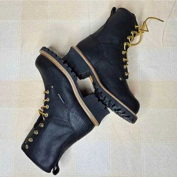 Carolina Elm 8&quot; Black Leather Steel Toe Waterproof Logger Heel Work Boots