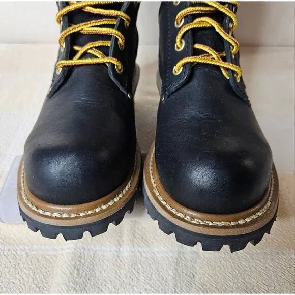 Carolina Elm 8&quot; Black Leather Steel Toe Waterproof Logger Heel Work Boots
