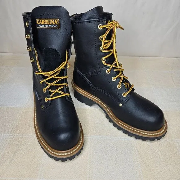 Carolina Elm 8&quot; Black Leather Steel Toe Waterproof Logger Heel Work Boots
