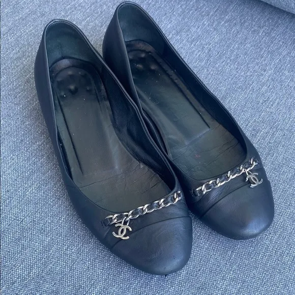 Chanel Black Leather Flats with Silver Chain
